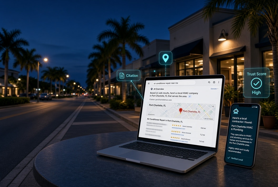 AI visibility for local search in Port Charlotte with Lumina WebSites — Google AI Overview and Map Pack on a laptop beside a local AI answer on a phone