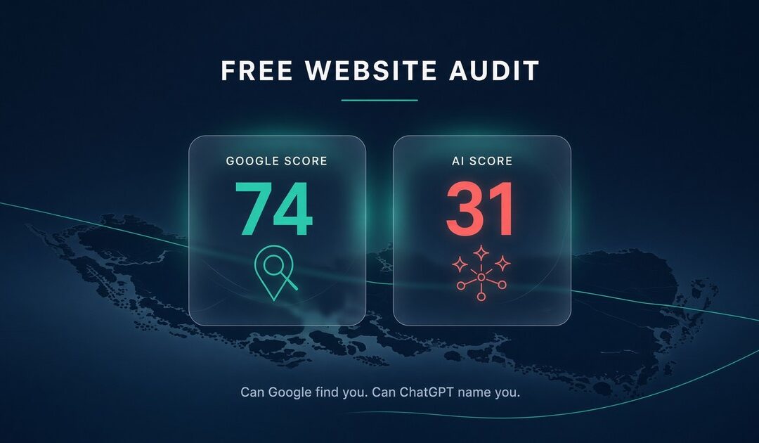 Free website audit score cards comparing a Google score of 74 and an AI score of 31