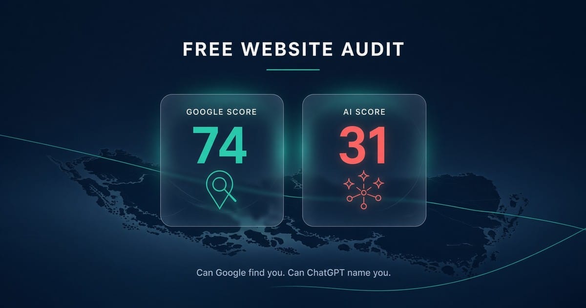 Free website audit score cards comparing a Google score of 74 and an AI score of 31
