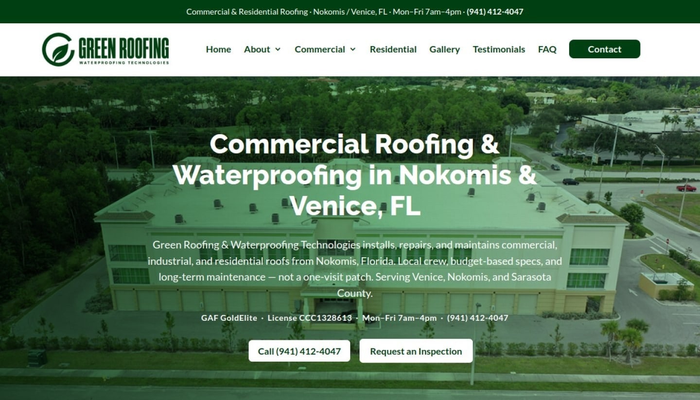 Green Roofing homepage after Lumina with commercial roofing H1 for Nokomis and Venice