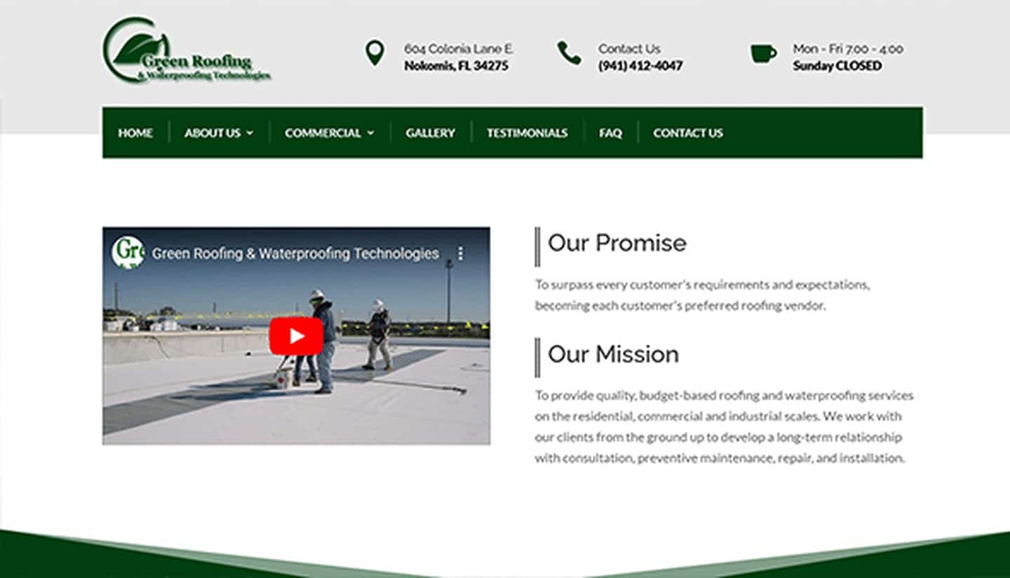 Green Roofing homepage before Lumina with YouTube embed and mission copy