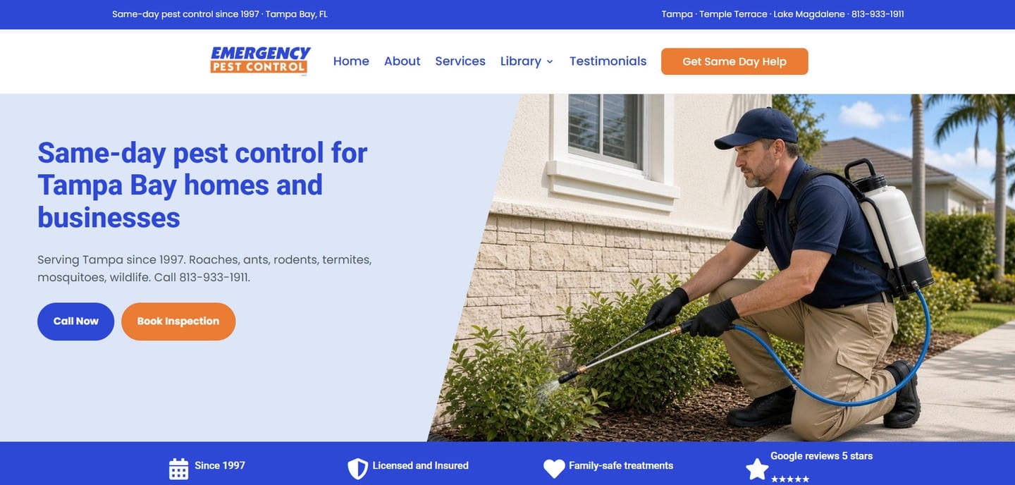 Emergency Pest Control homepage after Lumina with same-day pest control H1