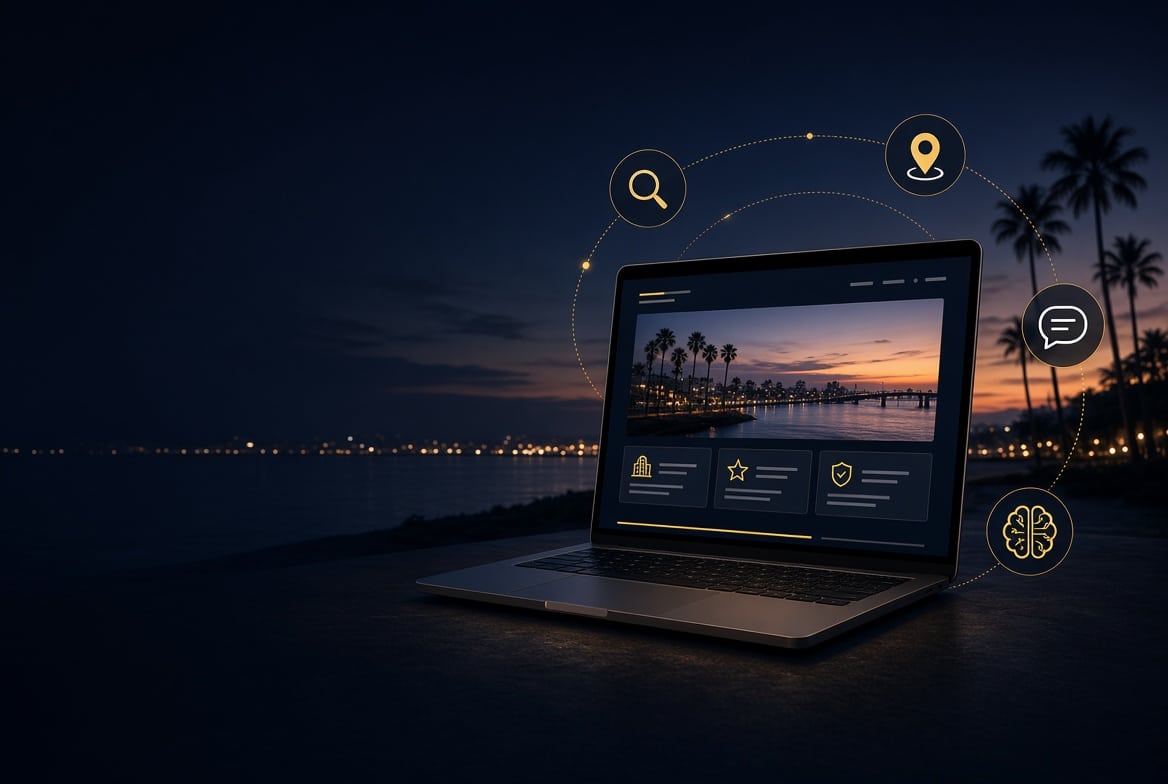 Sarasota web design on a laptop with search and AI icons at dusk.