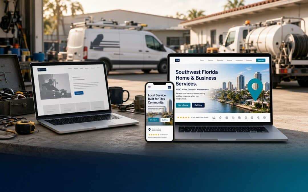 Before-and-after view of a Florida service-business website: a generic brochure layout on one laptop, and a Lumina first screen with city, service, call buttons, and a map pin on a phone and laptop, with unmarked service vans in a Southwest Florida yard.