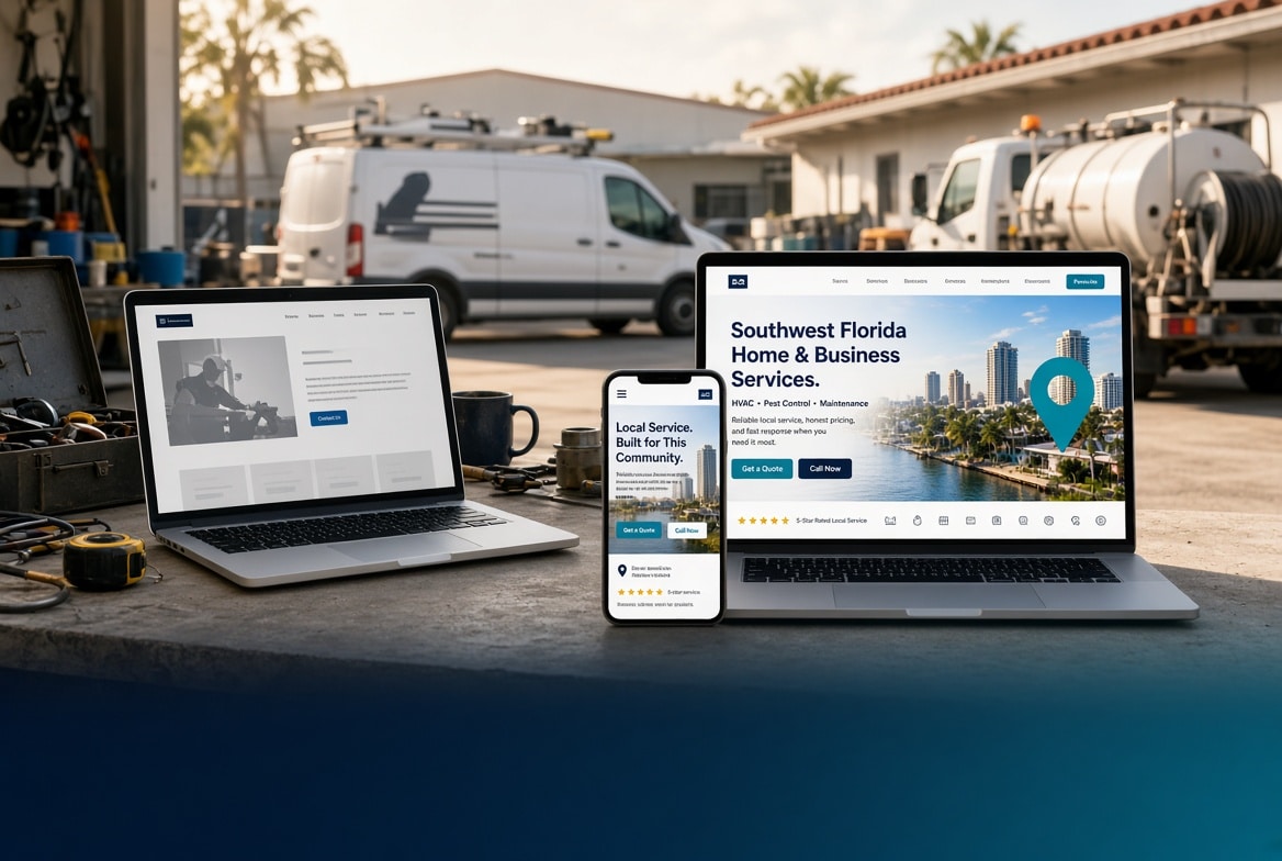 Before-and-after view of a Florida service-business website: a generic brochure layout on one laptop, and a Lumina first screen with city, service, call buttons, and a map pin on a phone and laptop, with unmarked service vans in a Southwest Florida yard.